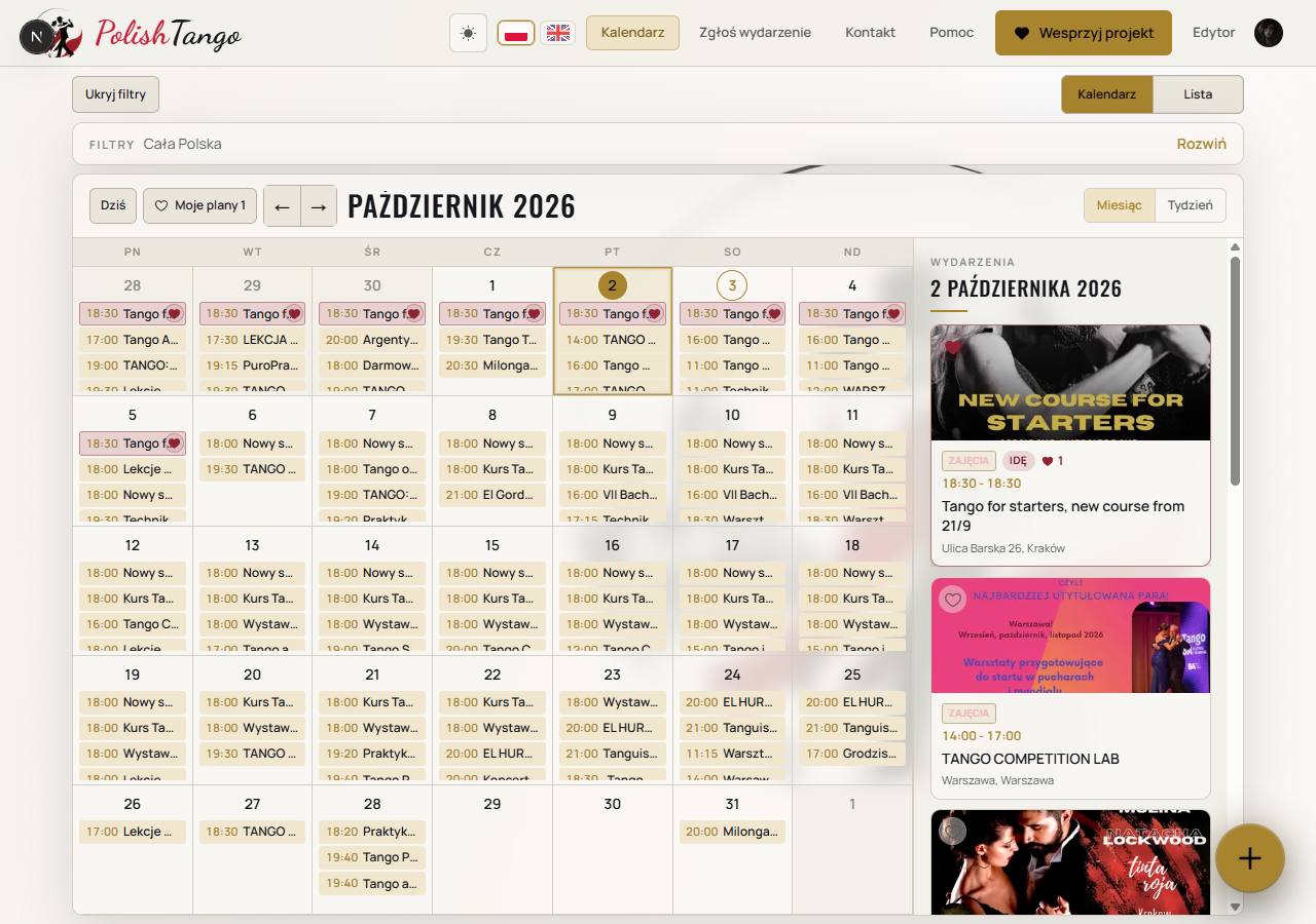Menu Kalendarz. Stąd przełączasz Dziś, strzałki, Miesiąc, Tydzień i Lista oraz otwierasz Filtry.