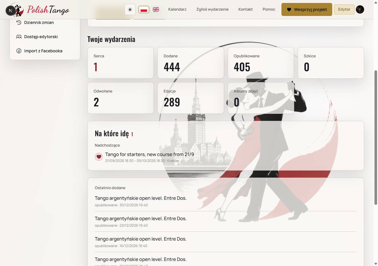 Zaloguj się, potem menu Profil. Na profilu jest lista „Na które idę”. Eksport do kalendarza jest w Moje wydarzenia.