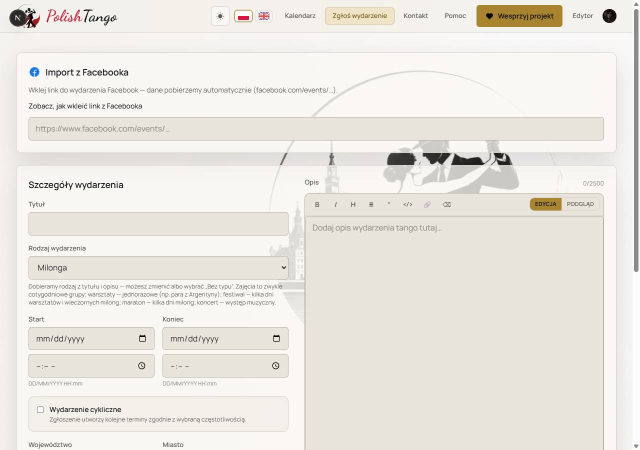 Menu Dodaj wydarzenie. U góry wklejasz link z Facebooka, niżej uzupełniasz szczegóły.